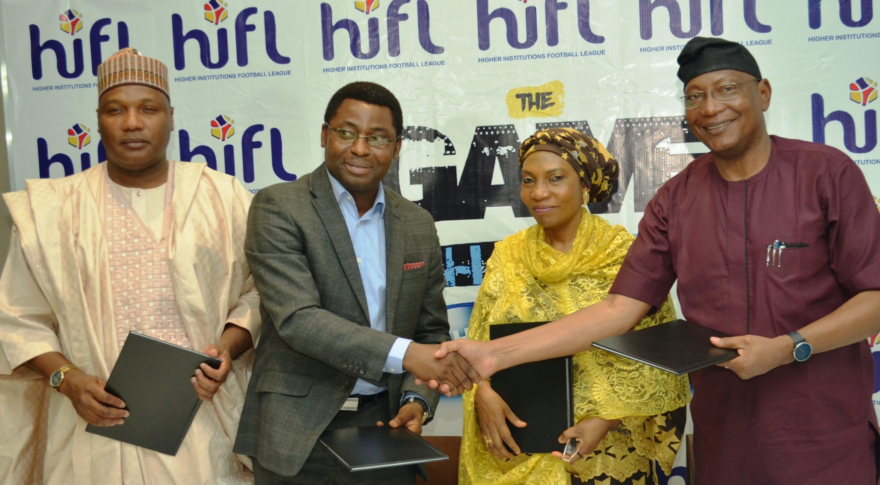 L-R: Alhaji Ahmed Shuaibu Gara Gombe, CEO,GWG Sports Centre Limited and Technical Consultant, Higher Institutions Sports League (HiSL); Mr. Sola Fijabi, Director, PACE Sports and Entertainment Marketing; Dr. Maryam Sali, Director, Student Support Services, National University Commission and Prof. Stephen Hamafyelto, President, Nigerian Universities Games Association (NUGA) at the MoU signing and international press launch of the Higher Institutions Football League held in Lagos recently. 